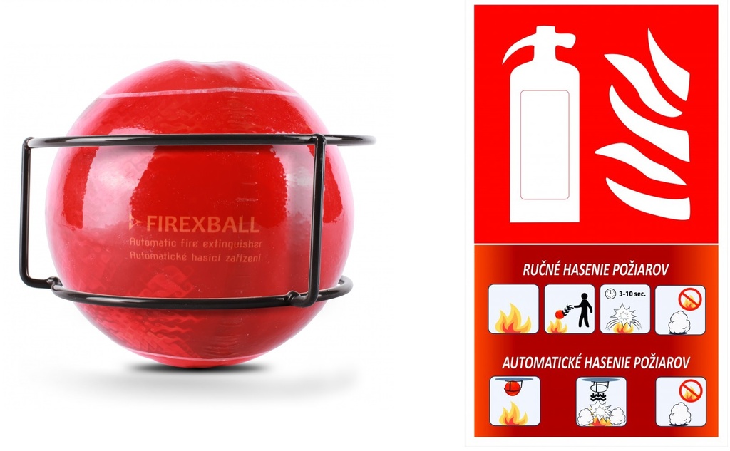 Protipožiarna hasiaca guľa (1,3 kg prášok Furex 770, Fireball) + Tabuľka
