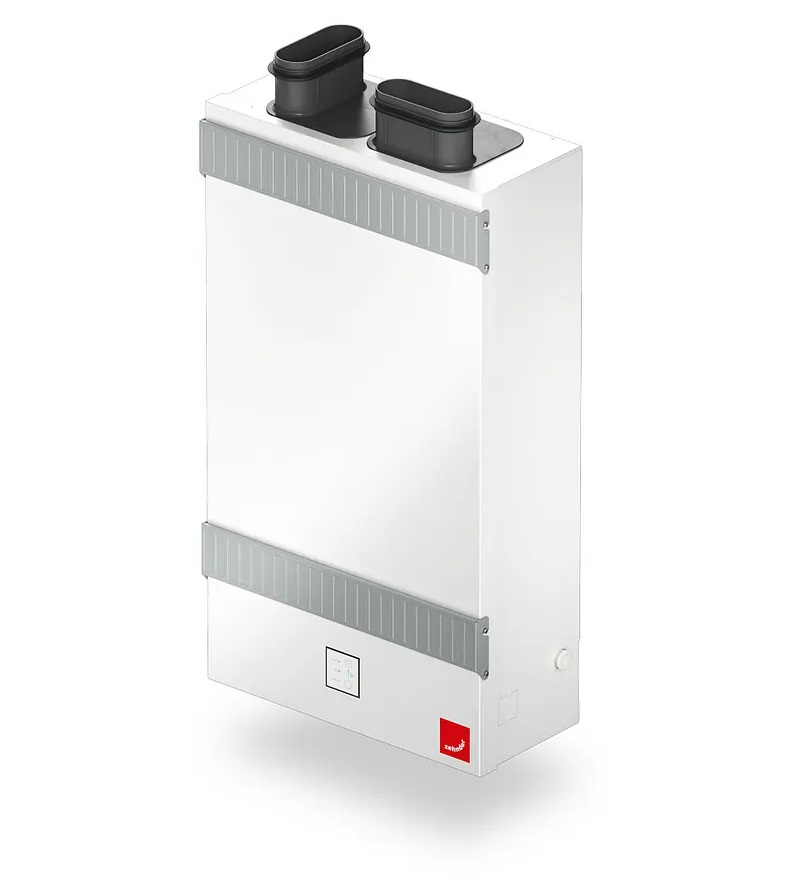ComfoAir Fit 100 SR Entalpie, hrdla pro připojení exteriéru dole, hrdlo pro přívod vpravo, integrovaný senzor vlhkosti a CO2
